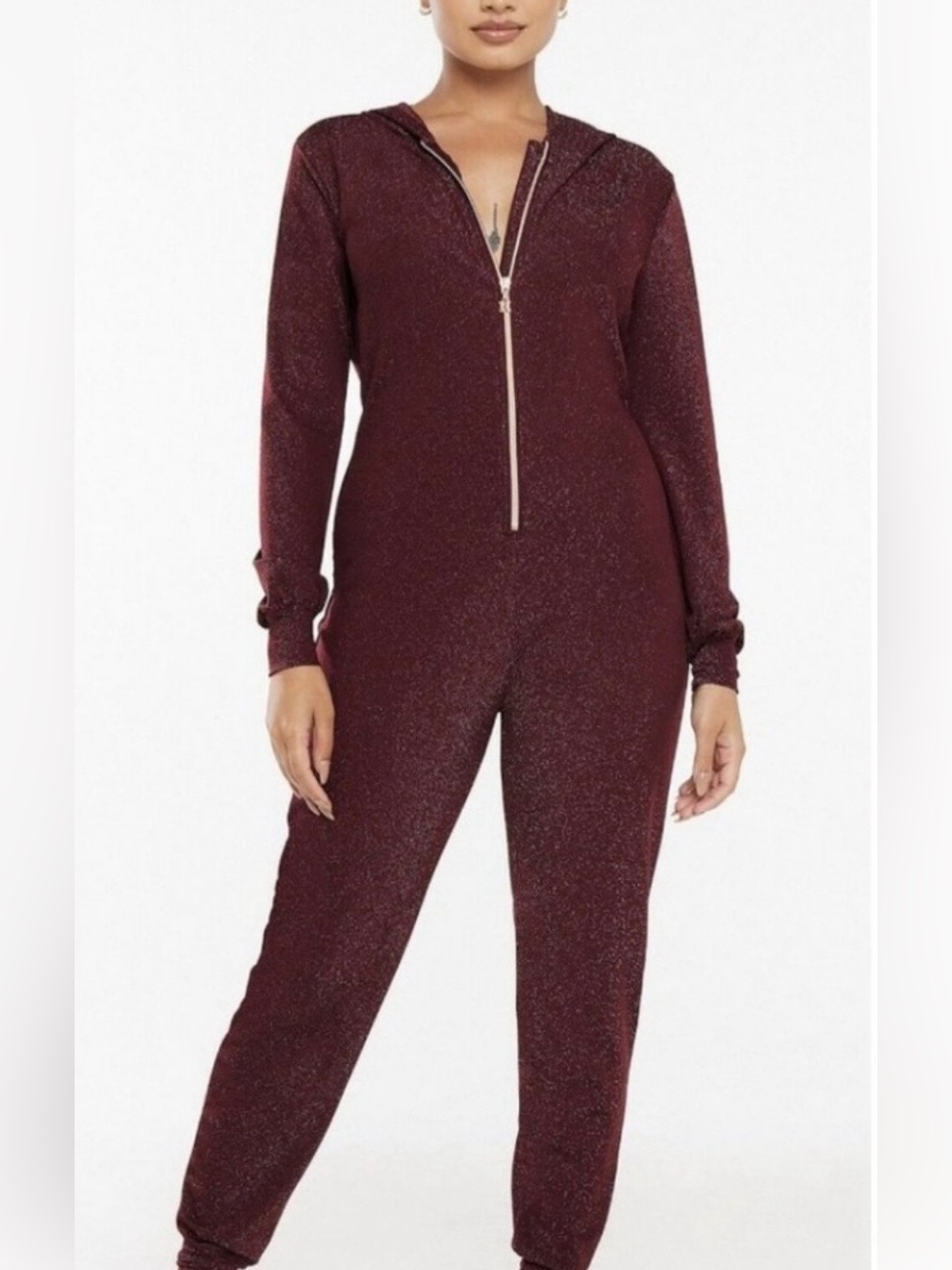 Savage X Fenty Sparkle Burgundy Zip-Front Hooded Jumpsuit